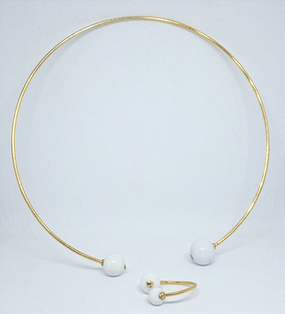 Conjunto colar Shoker e Anel - Dourado / Branco