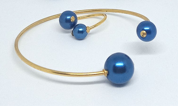 Conjunto Pulseira e Anel - Dourado / Azul metálico