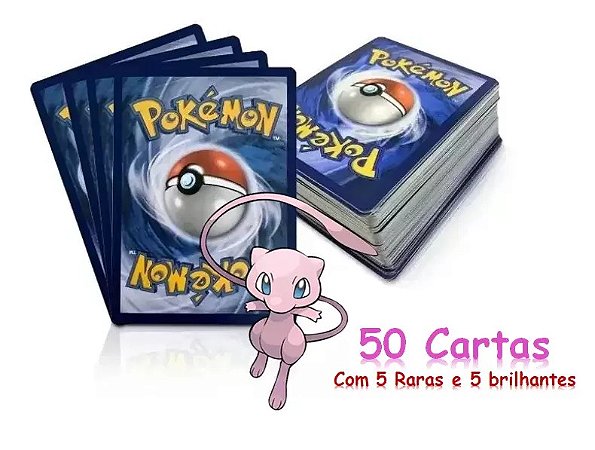 Kit com 50 Cartas Avulsas Pokemon com 05 Raras e 05 Brilhantes