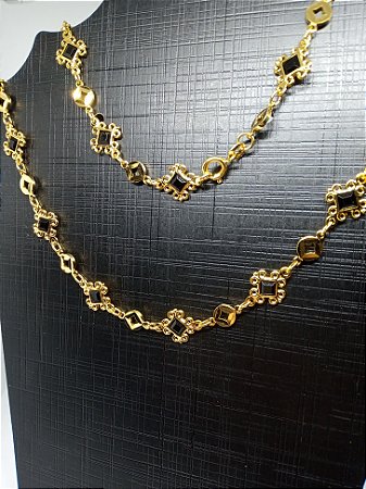 Colar Shoker Banhado a ouro em formato Losango Ônix - (45cm)
