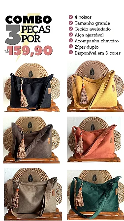 COMBO com 3 Bolsas em Tecido aveludado (ESCOLHA AS CORES PELO NOSSO WHATSAPP)