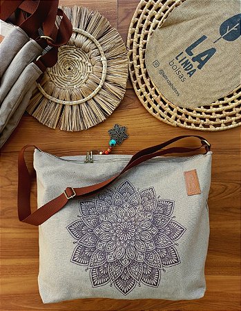 Bolsa Ombro/lateral Linho 100% (ESTAMPA MANDALA)