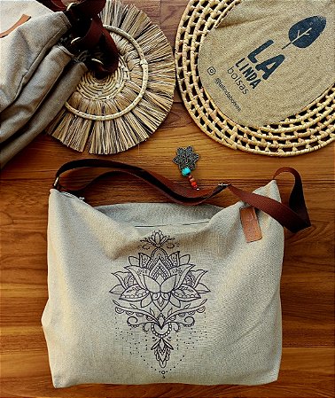 Bolsa Ombro/lateral Linho 100% (ESTAMPA LÓTUS)