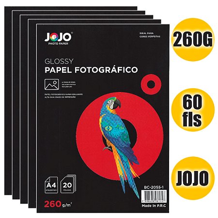 Papel A4 Fotográfico 260g JoJo Auto Brilho, Papel Glossy Jojo - Kit com 60 Folhas