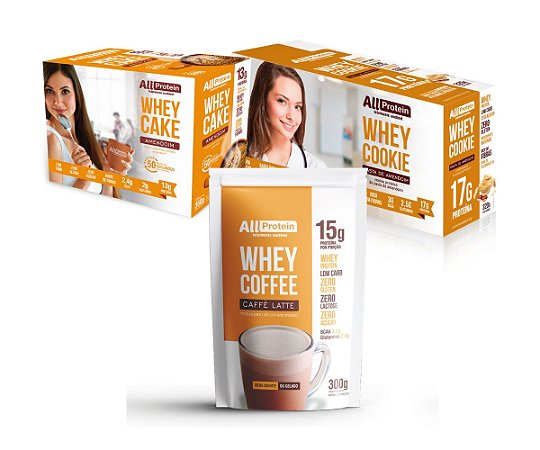 COMBO - 1 Caixa de Cake Amendoim 360g + 1 Caixa de Cookie de Amendoim 320g + 1 pacote de whey coffee zero lactose Cafe Latte 300g