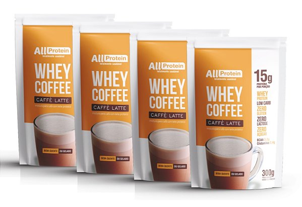 4 Pacotes de Whey Coffee Zero Lactose Café Latte 1200g (48 doses) - All Protein