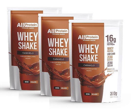 3 Pacotes de Whey Shake Caramelo 900g (36 doses) - All Protein