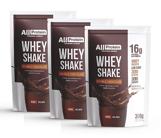 3 Pacotes de Whey Shake Double Chocolate 900g (36 doses) - All Protein