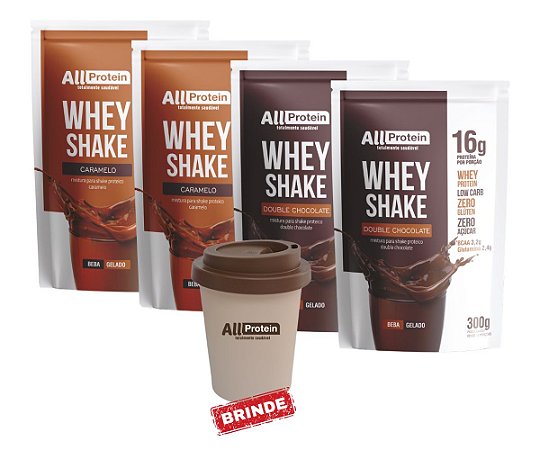 2 Pacotes de Whey Shake Caramelo e 2 de Double Chocolate 600g (24 doses) - All Protein