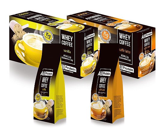 1 caixa Café Vanilla + 1 caixa Caffè Latte + 2 Pacotes de Whey Coffee - All Protein