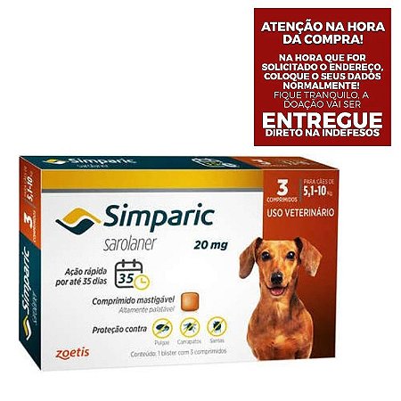 Antipulgas Simparic 20 mg para cães 5,1 a 10 kg - c/ 3 comprimidos - Zoetis