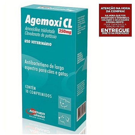 Agemoxi CL 250mg Antibiótico 10 comprimidos Cães e Gatos Agener União