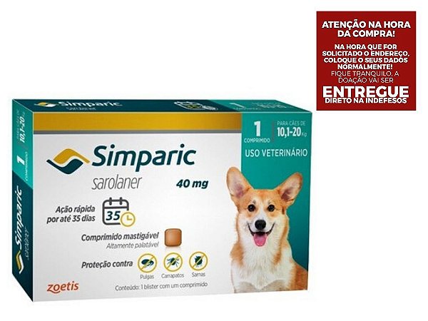 Antipulgas Simparic 40 mg para cães 10,1 a 20 kg - Zoetis