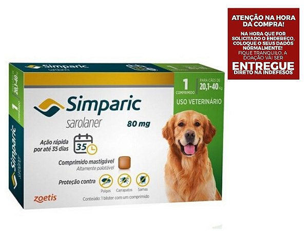 Antipulgas Simparic 80 mg para cães 20,1 a 40 kg - Zoetis