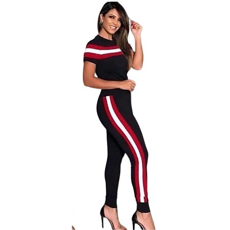 Conjunto de calça e blusa manga curta em malha crepe com elastano - Preto com Vermelho