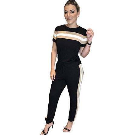 Conjunto de calça e blusa em malha crepe com elastano - Preto com Nude