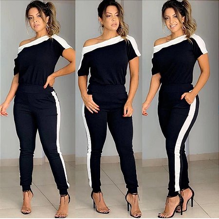 Conjunto de calça e blusa ombro a ombro em crepe com elastano