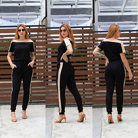 Conjunto de calça e blusa ombro a ombro em crepe com elastano