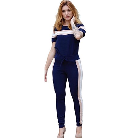 Conjunto de calça e blusa manga curta em malha crepe com elastano - Azul Marinho com Nude