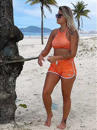 Conjunto Beach Tennis Feminino Shorts Boxer e Top Estampa Maldivas