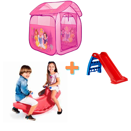 Kit mini escorregador + gangorra dupla + barraca casinha