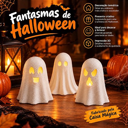 Kit 3 Fantasmas Halloween Porta Vela LED | Decoração de Mesa | Enfeite Festa Dia das Bruxas