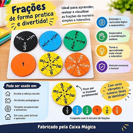 Jogo Educativo de Frações em Caixa Presente para Crianças Estimula Raciocínio Lógico
