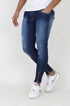 Calça Jeans Masculina Super Skinny zíper Escura Lisa