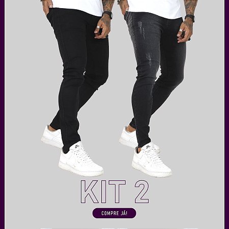 kit 2 Calça Jeans Masculina Super Skinny - Preta e Grafite