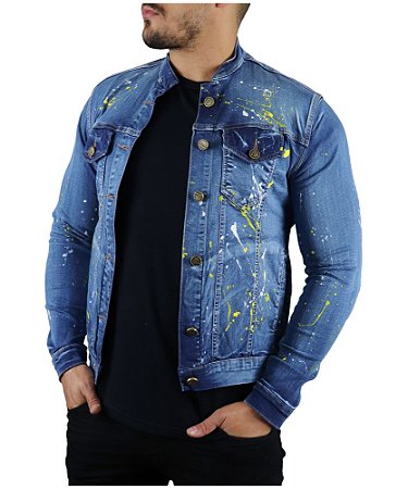 jaqueta jeans masculina com respingos sem colarinho - DAZE MODAS