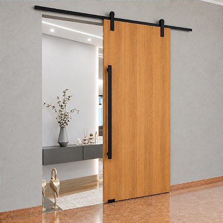 Kit Porta de Correr com Trilho em Alumínio Aparente Preto Incluindo Folha Lisa Jequitibá