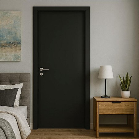Kit Porta Pronta Preta Laqueada Uv Batente Regulável de 14 até 19cm com Guarnições 2 Lados Fechadura e Dobradiças