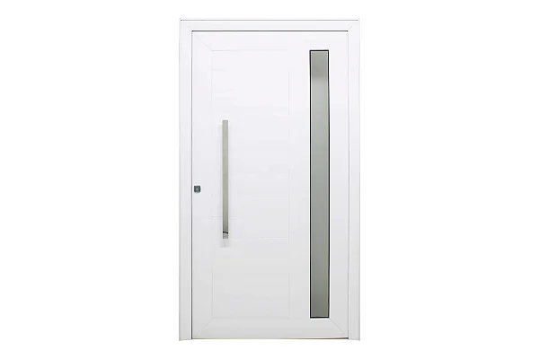 Porta de Giro Lambril com Vidro de 6mm Puxador e Fechadura Rolete Alumínio Branco Linha Super 40 Fascinio JAP