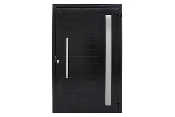 Porta de Giro Lambril com Vidro de 6mm Puxador e Fechadura Rolete Alumínio Preto Linha Super 40 Fascinio JAP