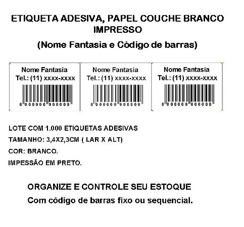 Etiquetas Adesiva Personalizada Impressas Código de Barras ou Sequencial - lote com 1.000 Etiquetas