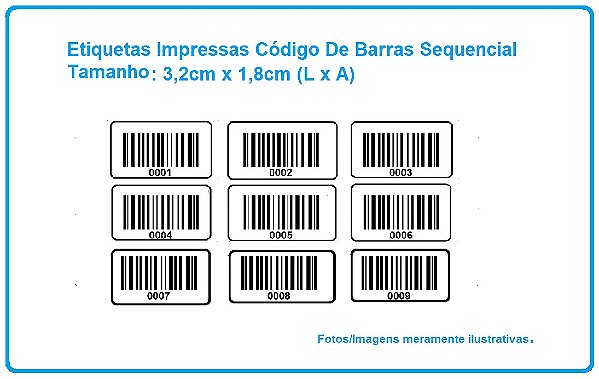 Etiquetas Impressas Código De Barras Sequencial - Tamanho 3,2x1,8cm - Com 1.000 Etiquetas