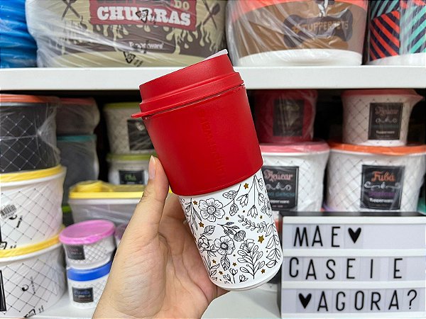 Copo para Viagem 490 ml Floral Vermelho e Branco