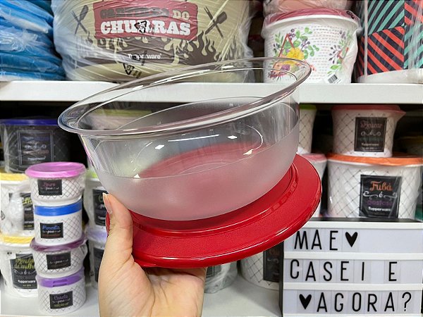 Tigela Cristal 2,1 Litros Transparente com Tampa Vermelha