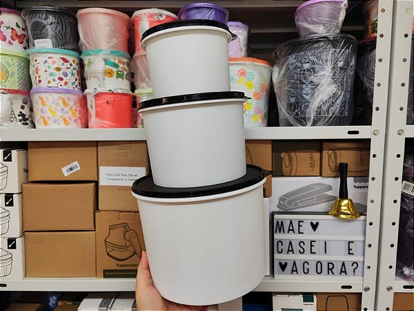 Kit 3 Peças Tupper Caixa Branco com Tampa Preta