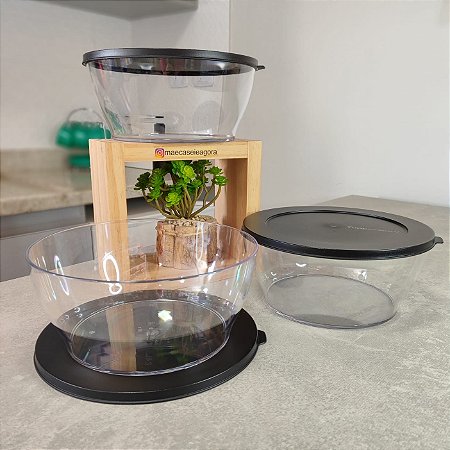 Kit 3 peças Tigela Clear 2,4 Litros Transparente e Preto