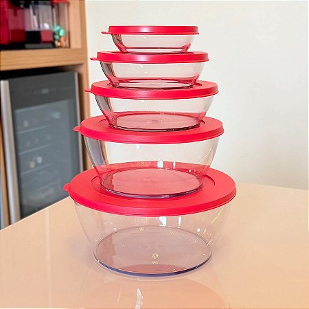 Kit 5 Peças Clear Transparente com Tampa Vermelha