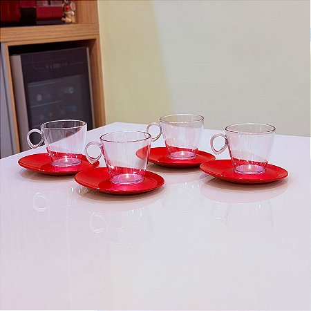 Kit 4 Unid. Xícaras Design 180 ml Transparente e Vermelho