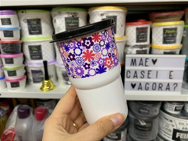 Copo com Tampa 350 ml Floral Tampa Preta