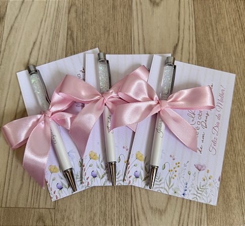CANETA DE METAL BRANCA COM GLITER E CARD (PEDIDO MINIMO DE 20 UNIDADES)