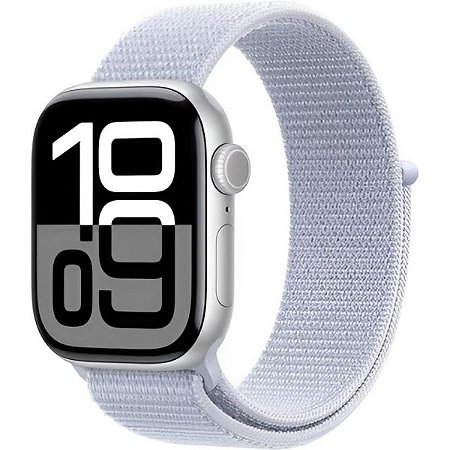 Apple Watch S10 caixa de alumínio prata com pulseira esportiva loop azul nuvem 46 mm