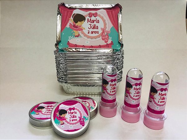 30 Tubetes + 30 Latinhas + 30 Marmitinhas Personalizados - Bailarina