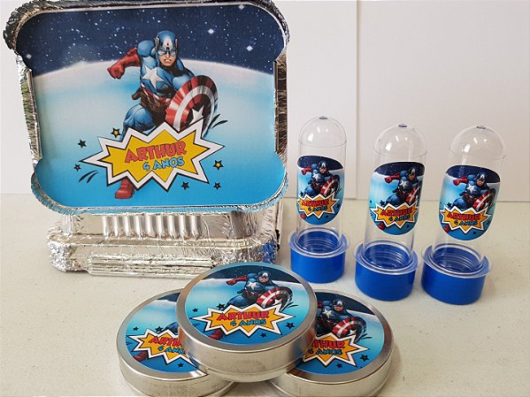 30 Tubetes + 30 Latinhas + 30 Marmitinhas Personalizados - Capitão América