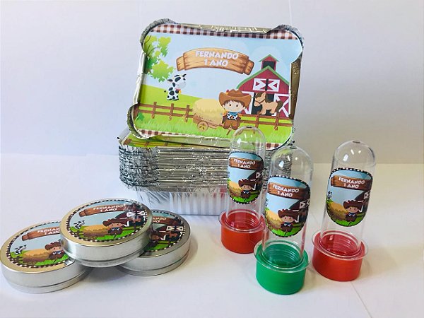 30 Tubetes + 30 Latinhas + 30 Marmitinhas Personalizados - Fazendinha Menino