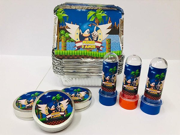 30 Tubetes + 30 Latinhas + 30 Marmitinhas Personalizados - Sonic