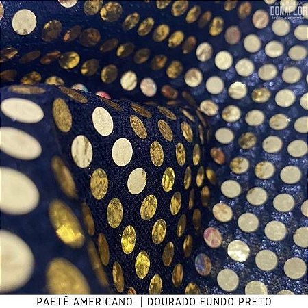 Paetê Americano Dourado fundo Preto tecido com lantejoula e base com brilho